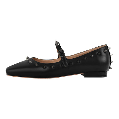 Square Toe Rivet Mary Jane Flats - Onlymaker