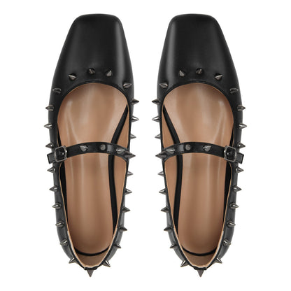 Square Toe Rivet Mary Jane Flats - Onlymaker