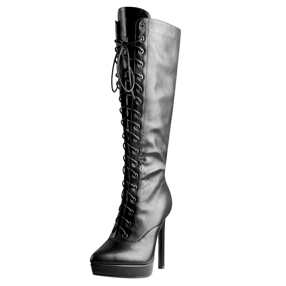 Black Matte Leather Platform Lace-Up High Heel Boots - Onlymaker