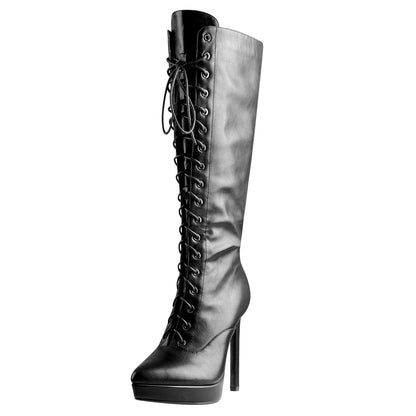 Black Matte Leather Platform Lace-Up High Heel Boots - Onlymaker