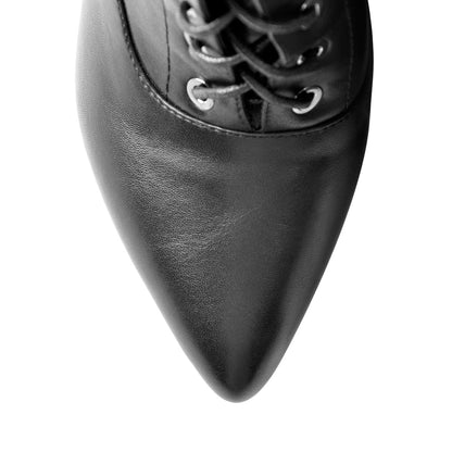 Black Matte Leather Platform Lace-Up High Heel Boots - Onlymaker