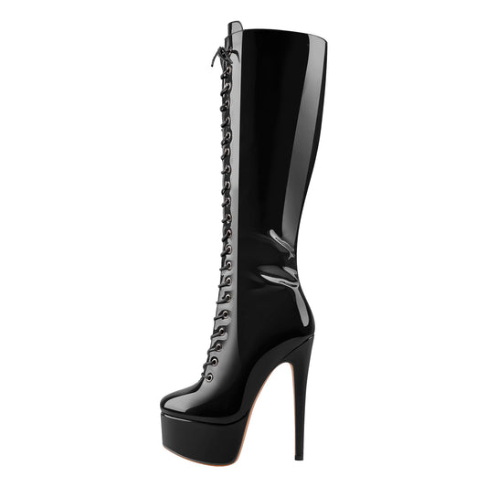 Patent Leather Platform Lace Up Knee High Boots - Onlymaker