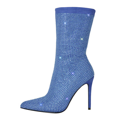 Rhinestone Pointed Toe High Heel Ankle Boots - Onlymaker