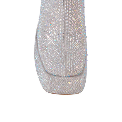 Rhinestone Square Toe Chunky Heel Platform Ankle Boots - Onlymaker