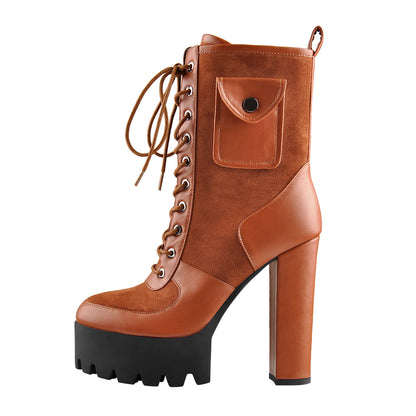 Platform Lace Up Chunky Heel Combat Pocket Fashion Ankle Boots - Onlymaker