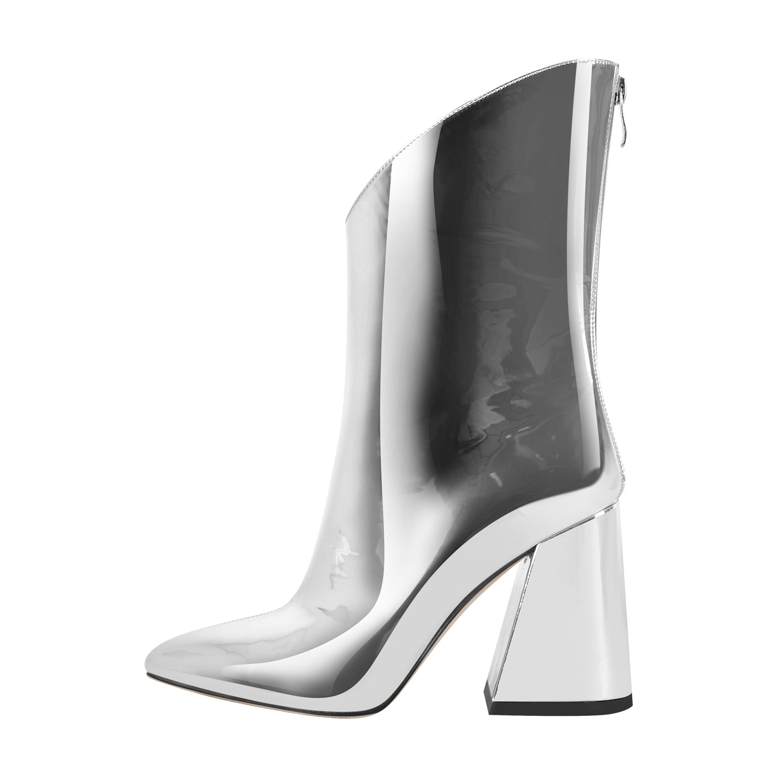 Silver Metallic Leather Chunky Heel Ankle Boots - Onlymaker