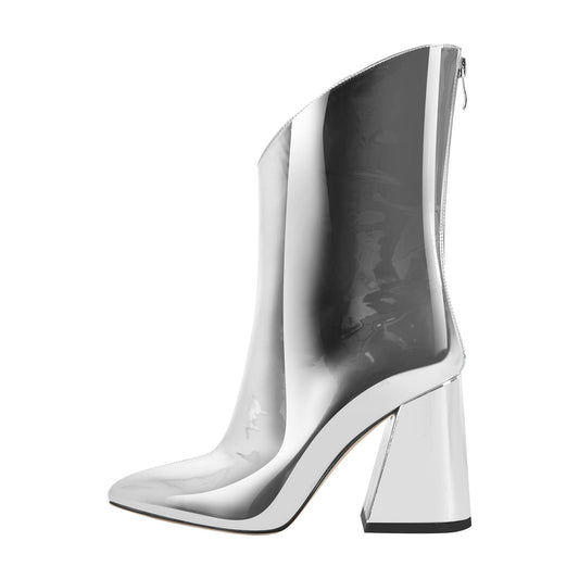 Silver Metallic Leather Chunky Heel Ankle Boots - Onlymaker