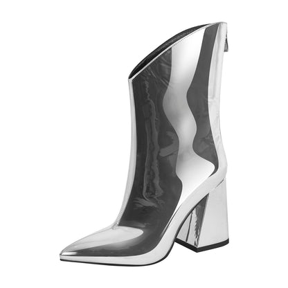 Silver Metallic Leather Chunky Heel Ankle Boots - Onlymaker