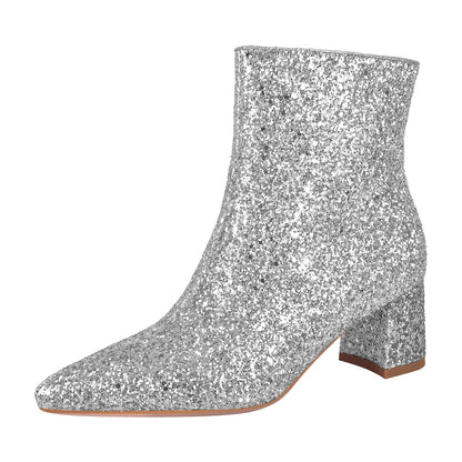 Pointed Toe Glitter Ankle Boots - Onlymaker