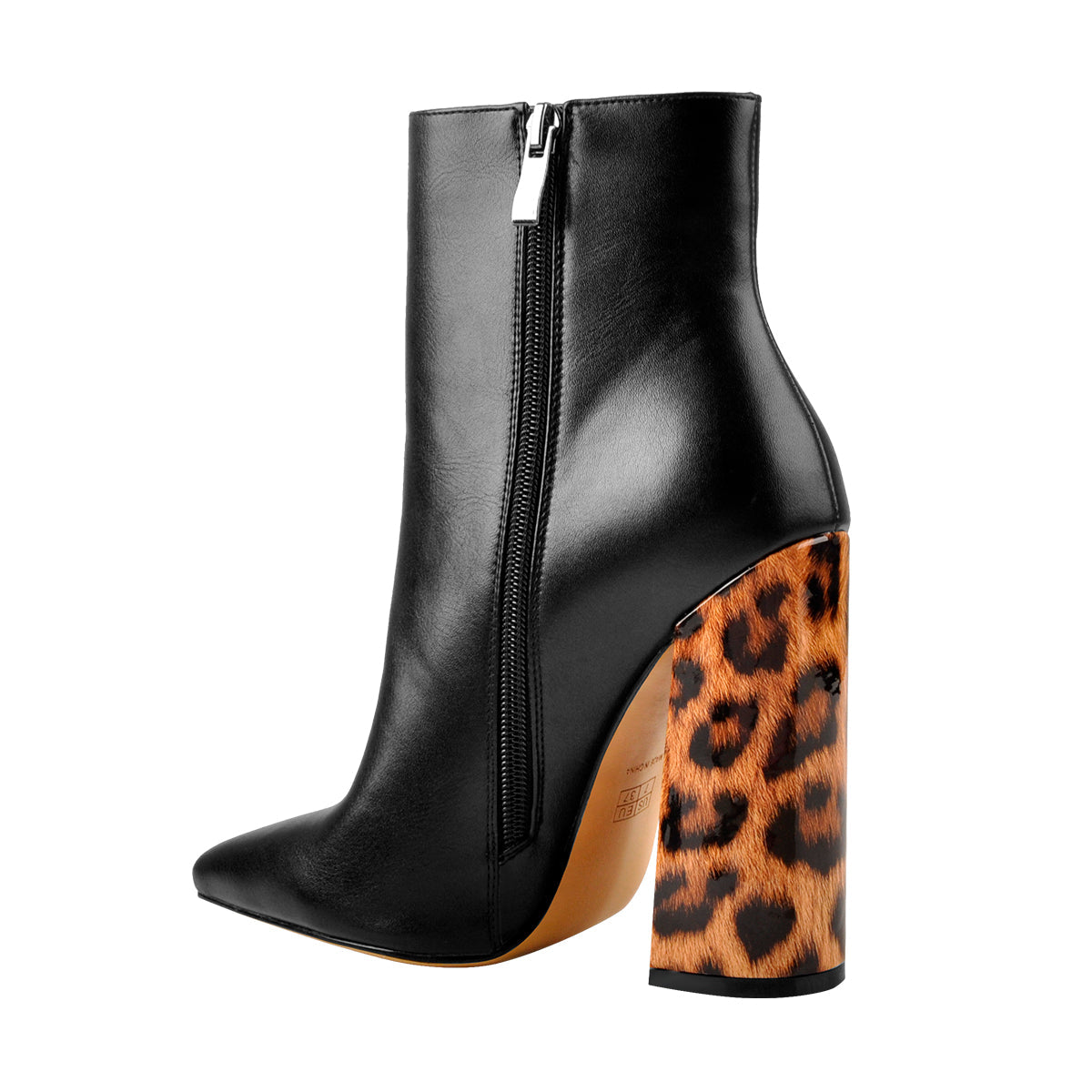Matte Leather Pointed Toe Leopard Block Heels Ankle Boots - Onlymaker