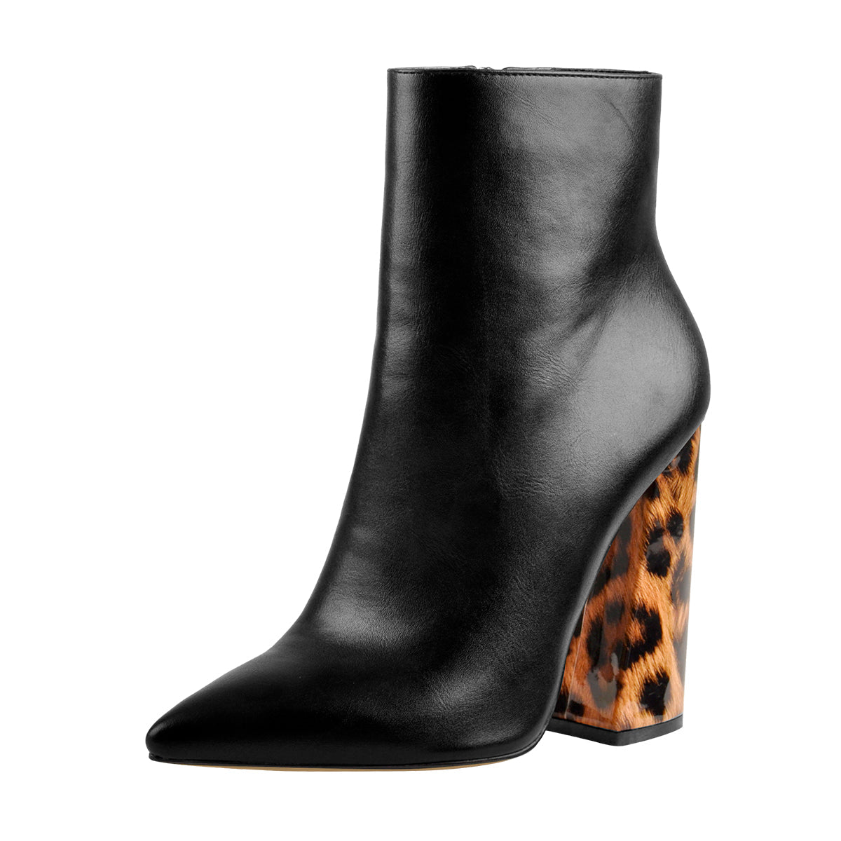 Matte Leather Pointed Toe Leopard Block Heels Ankle Boots - Onlymaker