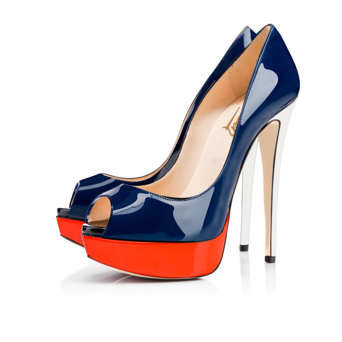 Retro Blue Peep Toe Stiletto Pumps with Red Platform - Onlymaker