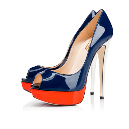 Retro Blue Peep Toe Stiletto Pumps with Red Platform - Onlymaker