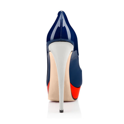 Retro Blue Peep Toe Stiletto Pumps with Red Platform - Onlymaker