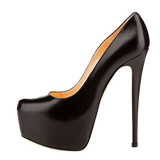 Black Matte Round Toe Super High Heel Platform Stiletto Slip On Pumps - Onlymaker