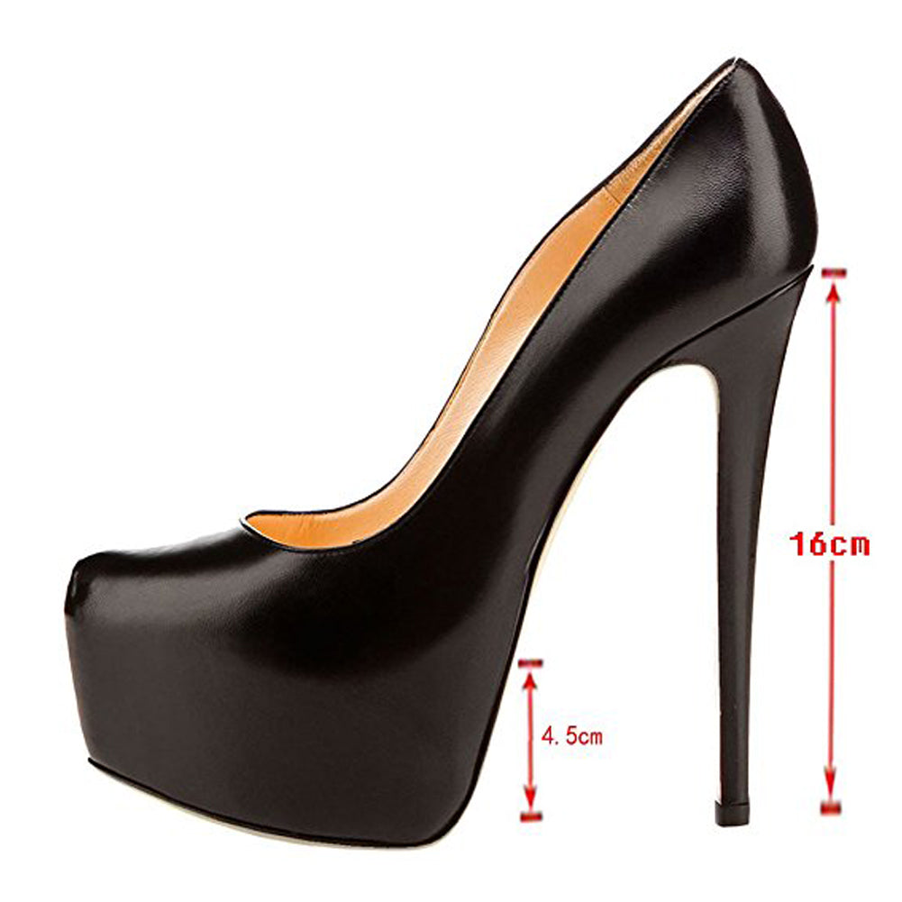 Black Matte Round Toe Super High Heel Platform Stiletto Slip On Pumps - Onlymaker