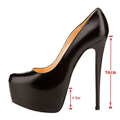 Black Matte Round Toe Super High Heel Platform Stiletto Slip On Pumps - Onlymaker