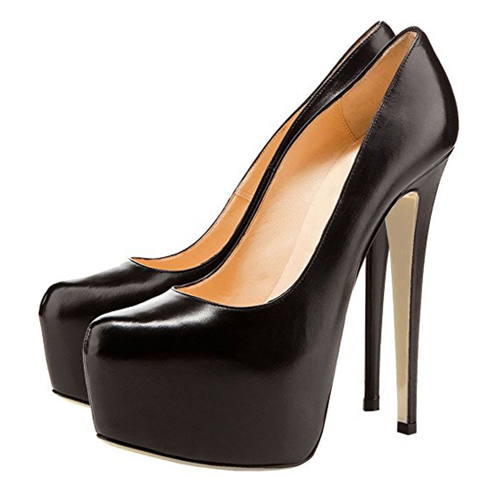 Black Matte Round Toe Super High Heel Platform Stiletto Slip On Pumps - Onlymaker