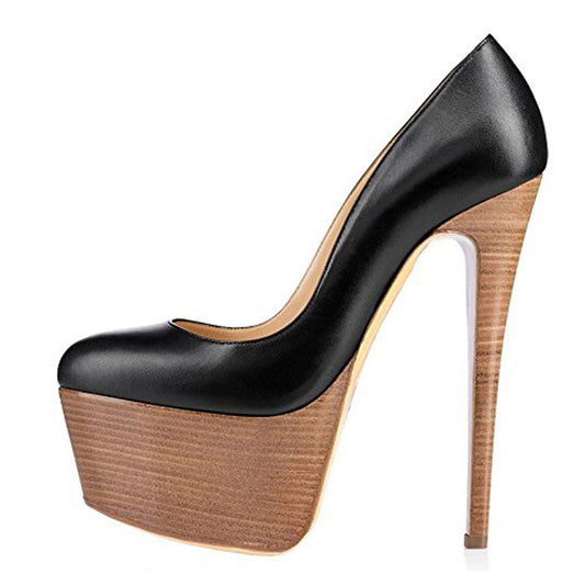 Rounde Toe Platform Wood Grain Stiletto High Heels Pumps - Onlymaker