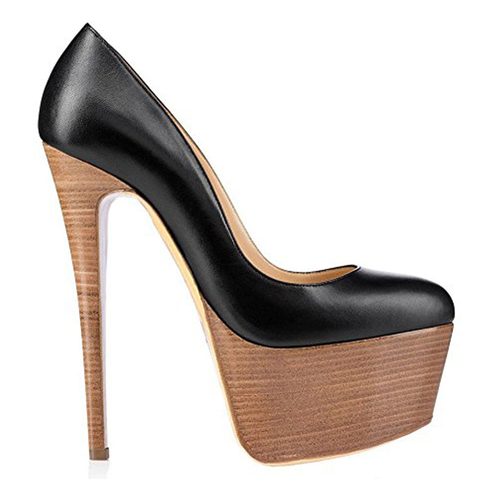 Rounde Toe Platform Wood Grain Stiletto High Heels Pumps - Onlymaker