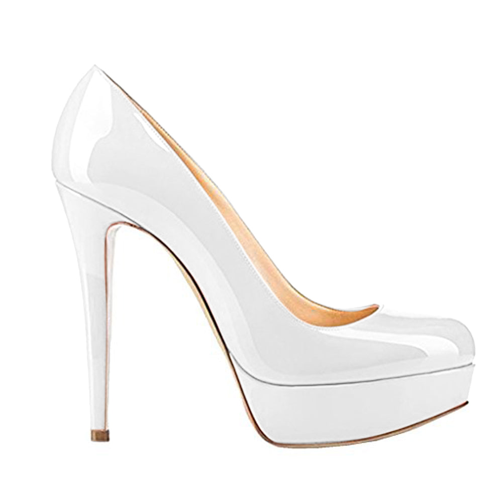 Round Toe Low Platform White Slip On High Heels - Onlymaker