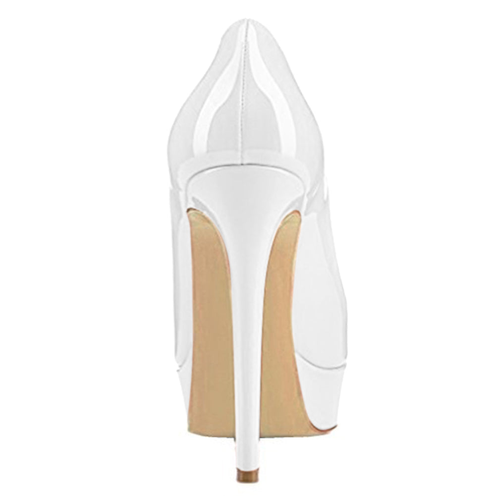 Round Toe Low Platform White Slip On High Heels - Onlymaker