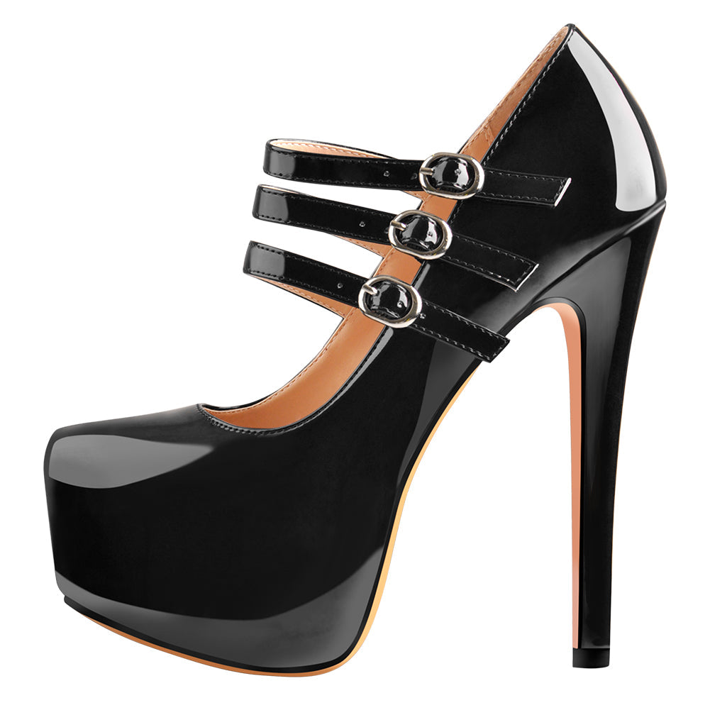 15cm Platform Round Toe Patent Black High Heel Stiletto Pumps - Onlymaker