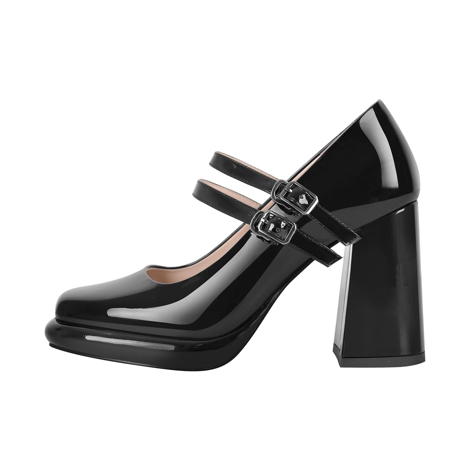 Square Toe Mary Jane Buckle Strap Chunky Heel Pumps - Onlymaker