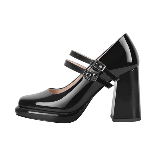 Square Toe Mary Jane Buckle Strap Chunky Heel Pumps - Onlymaker