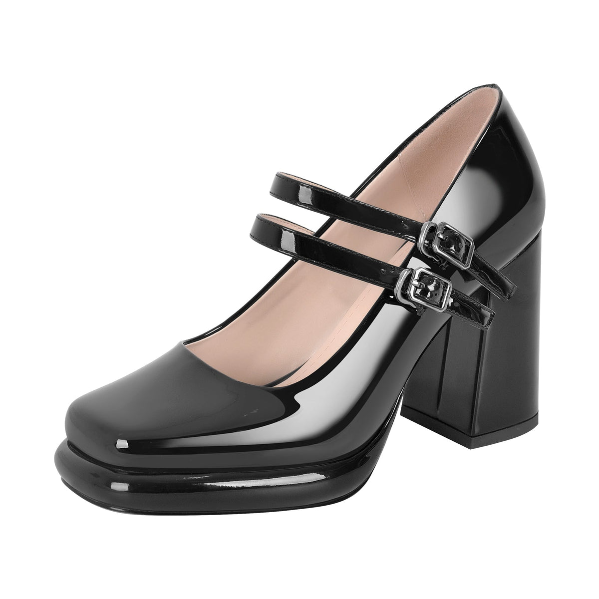 Square Toe Mary Jane Buckle Strap Chunky Heel Pumps - Onlymaker