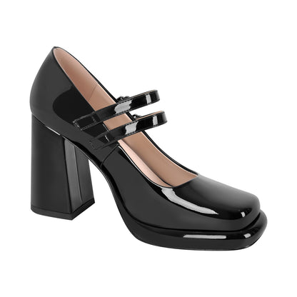 Square Toe Mary Jane Buckle Strap Chunky Heel Pumps - Onlymaker