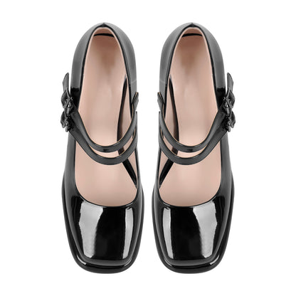 Square Toe Mary Jane Buckle Strap Chunky Heel Pumps - Onlymaker