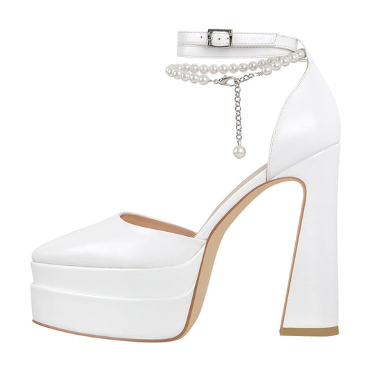White Pointed Toe Platform Chunky Pumps - Onlymaker