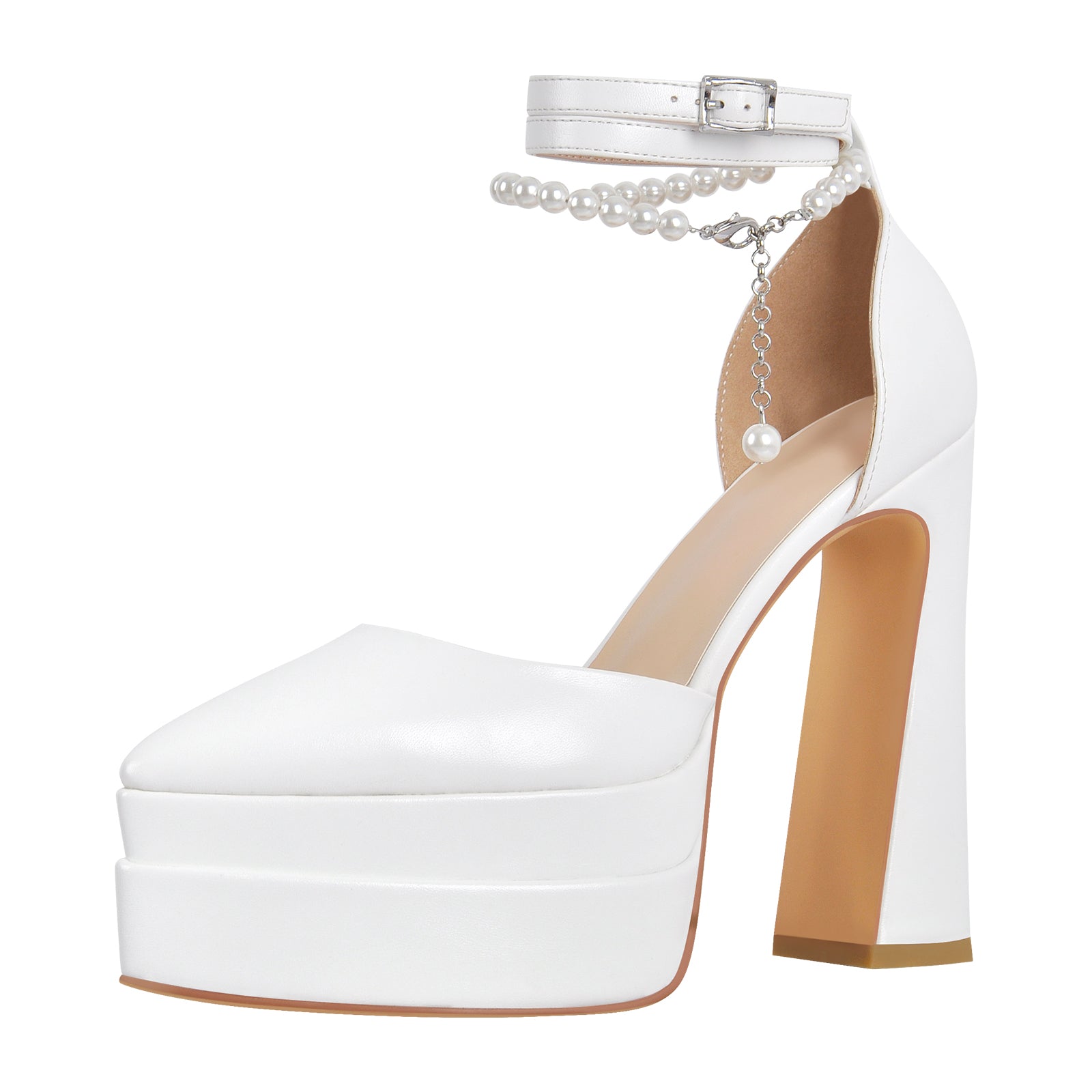 White Pointed Toe Platform Chunky Pumps - Onlymaker
