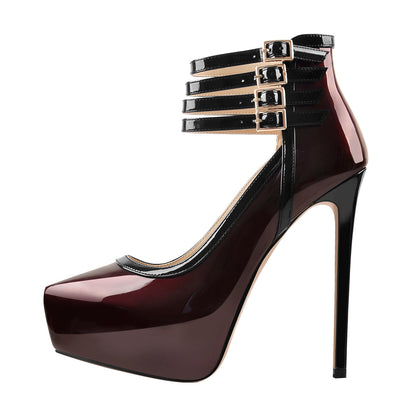 Quadruple Buckle Ankle Strap Patent High Heel Pumps - Onlymaker