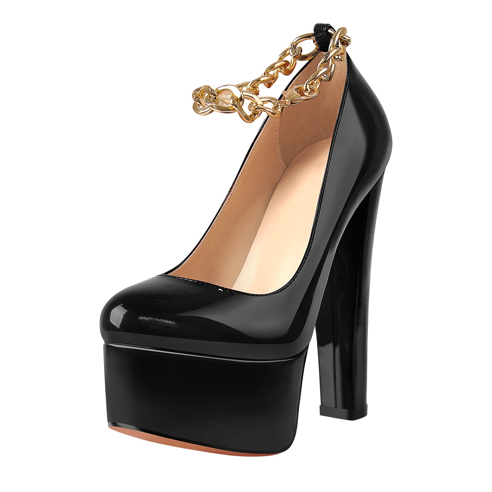 Black Round Toe Black Ankle Chain Platform Pumps - Onlymaker
