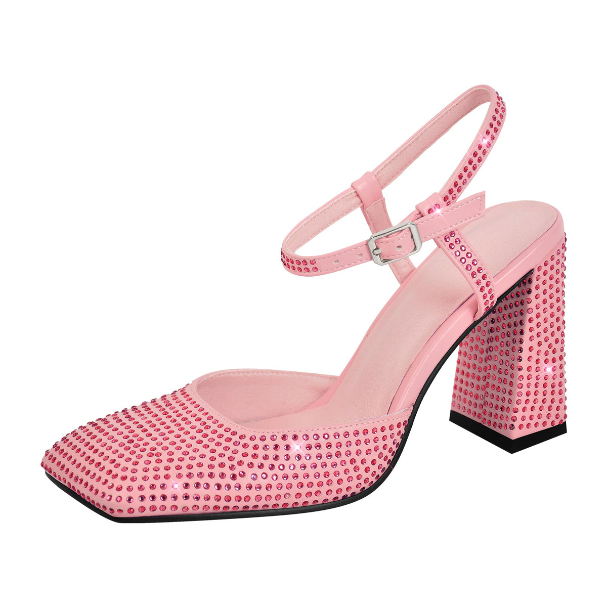 Rhinestone Square Toe Chunky Heel Ankle Strap Pumps - Onlymaker