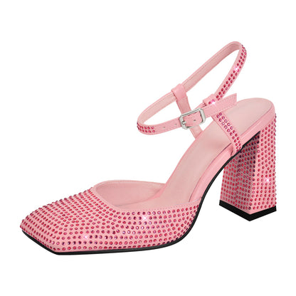 Rhinestone Square Toe Chunky Heel Ankle Strap Pumps - Onlymaker