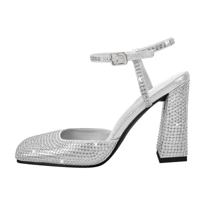 Rhinestone Square Toe Chunky Heel Ankle Strap Pumps - Onlymaker