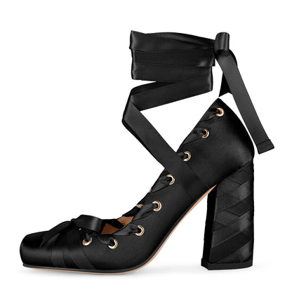 Square Toe Satin Bow Ballet Lace-up Pumps - Onlymaker