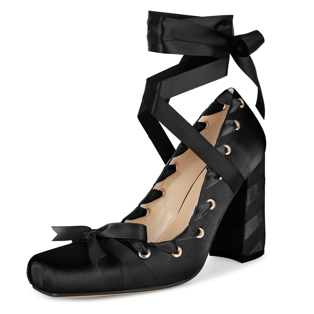 Square Toe Satin Bow Ballet Lace-up Pumps - Onlymaker