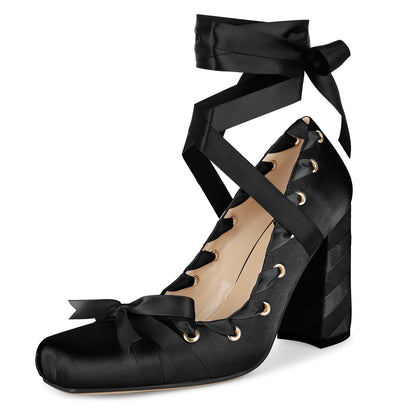 Square Toe Satin Bow Ballet Lace-up Pumps - Onlymaker