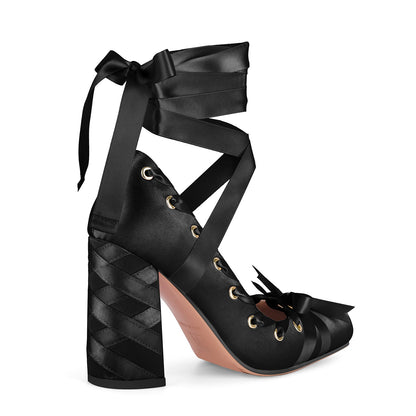 Square Toe Satin Bow Ballet Lace-up Pumps - Onlymaker