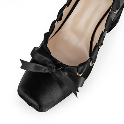 Square Toe Satin Bow Ballet Lace-up Pumps - Onlymaker
