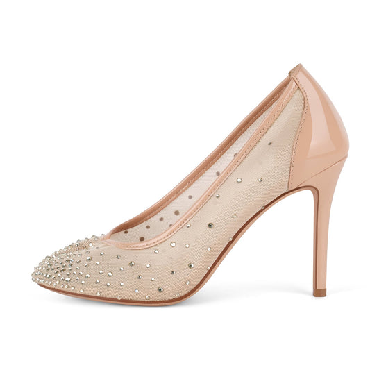 Round Toe Rhinestone Mesh Tabi Pumps - Onlymaker