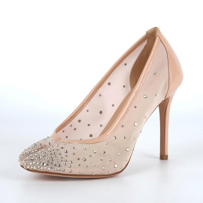 Round Toe Rhinestone Mesh Tabi Pumps - Onlymaker