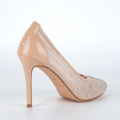 Round Toe Rhinestone Mesh Tabi Pumps - Onlymaker