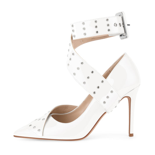 Rhinestone Studded Cross Ankle Strap Pumps - Onlymaker