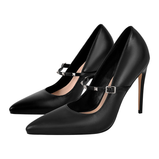 Pointed Toe Rivet Strap Stiletto Pumps - Onlymaker