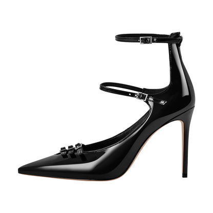 Pointed Toe Multi-Buckle Ankle Strap Stiletto Pumps - Onlymaker